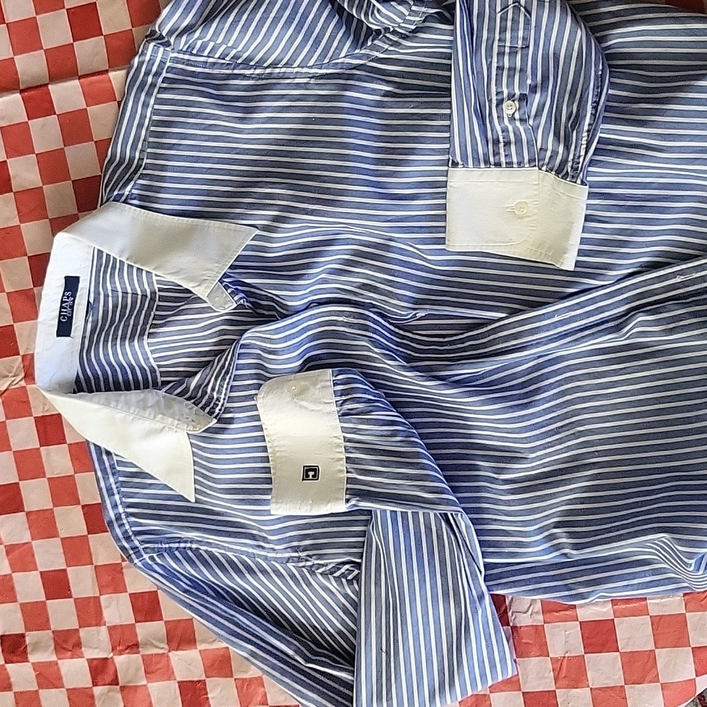 Chaps Blue and White Striped Casual Button Down Shirt